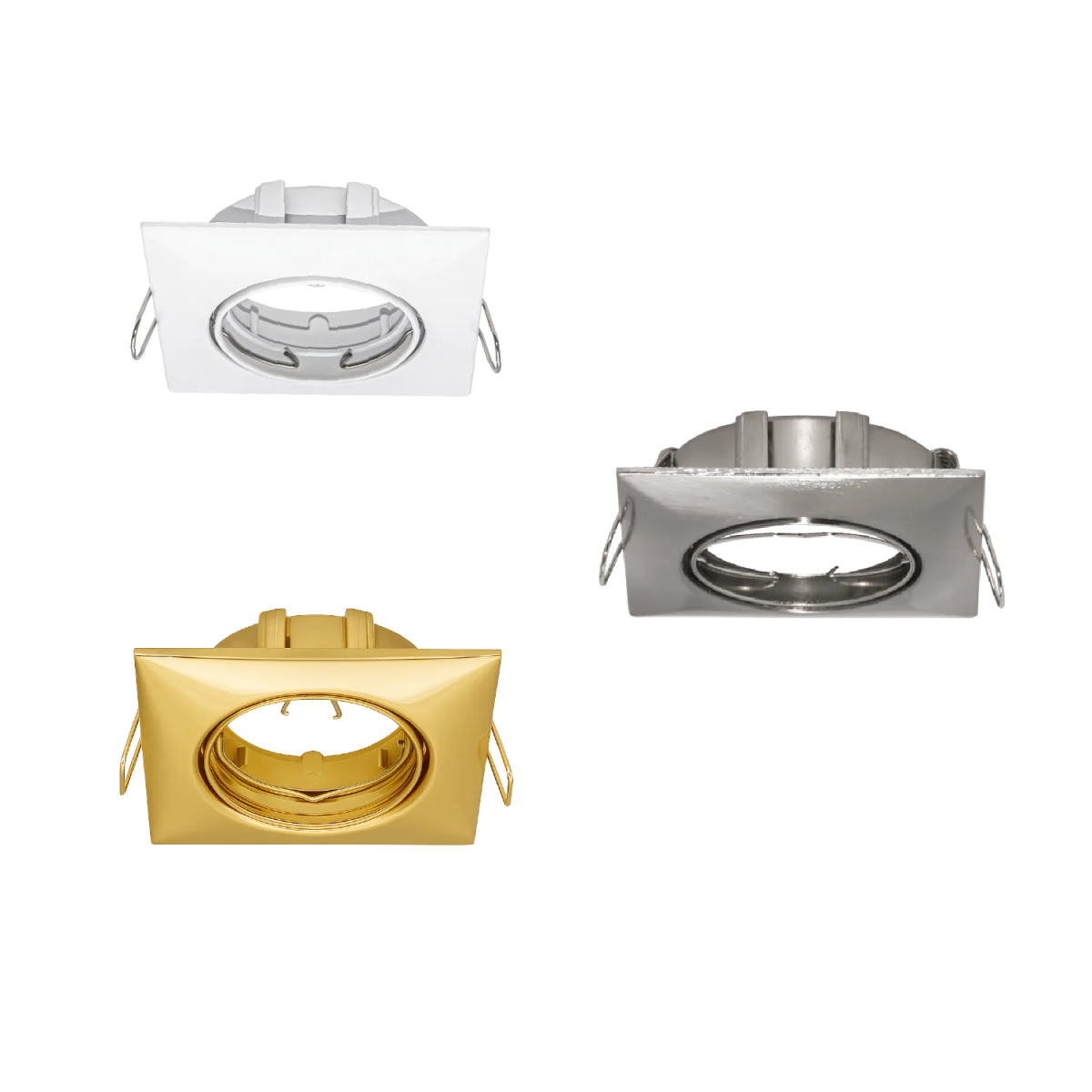 Three square recessed lighting fixtures in white, gold, and silver on a white background.