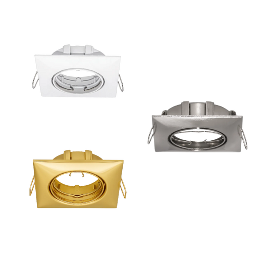 Three square recessed lighting fixtures in white, gold, and silver on a white background.