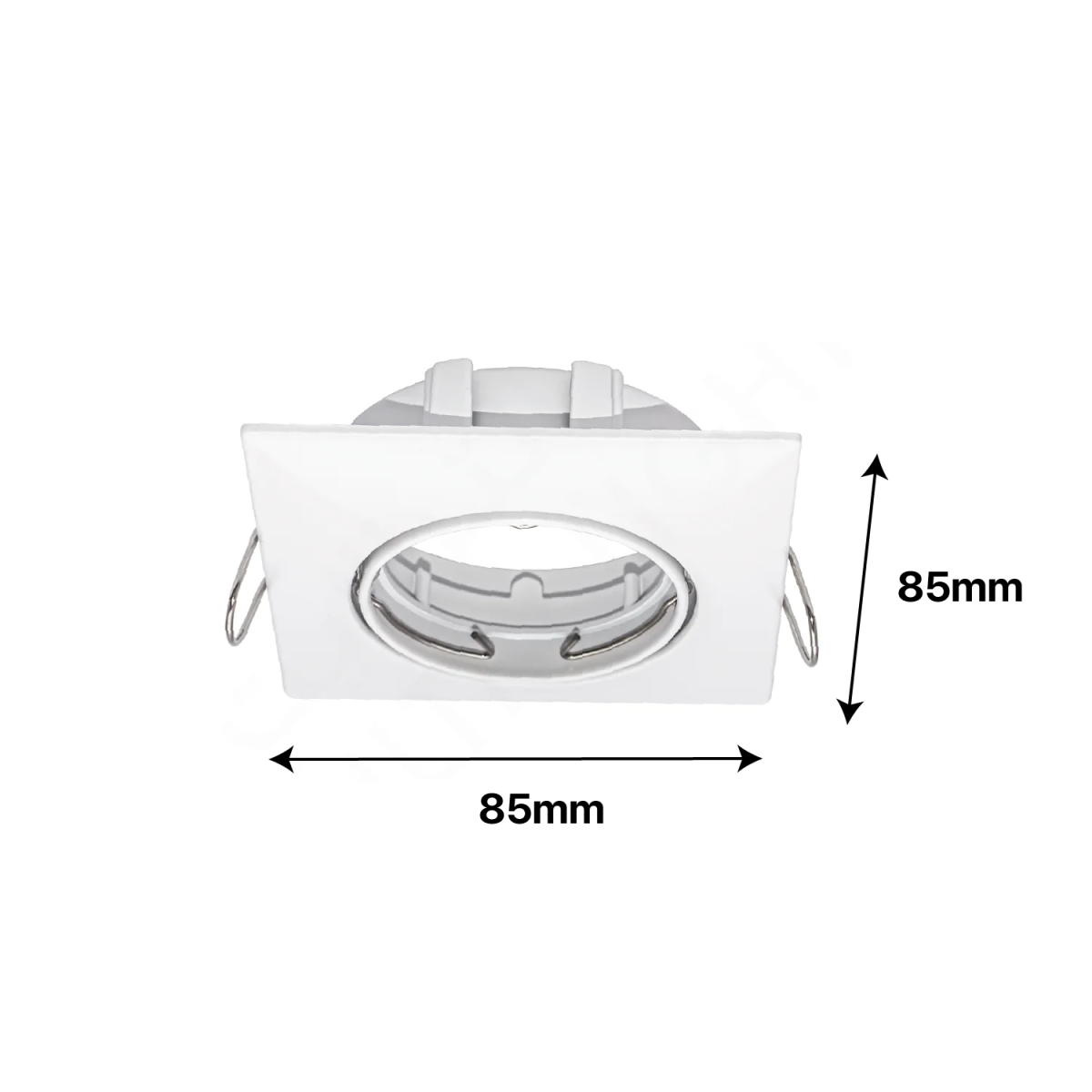 White recessed ceiling light with dimensions indicated on a white background