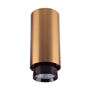 Cylindrical ceiling light fixture with gold upper part and black lower part on a white background