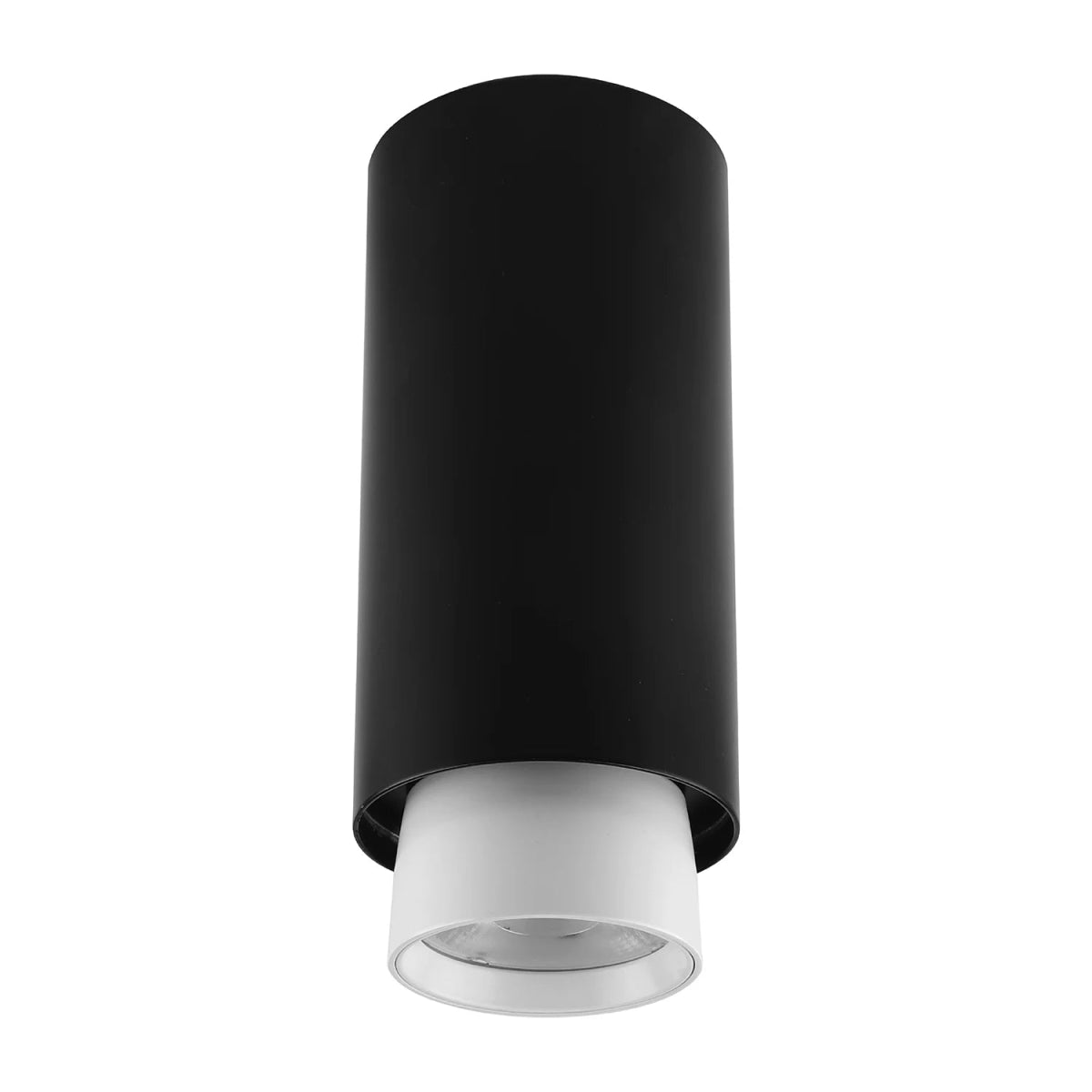 Black cylindrical ceiling light fixture on a white background