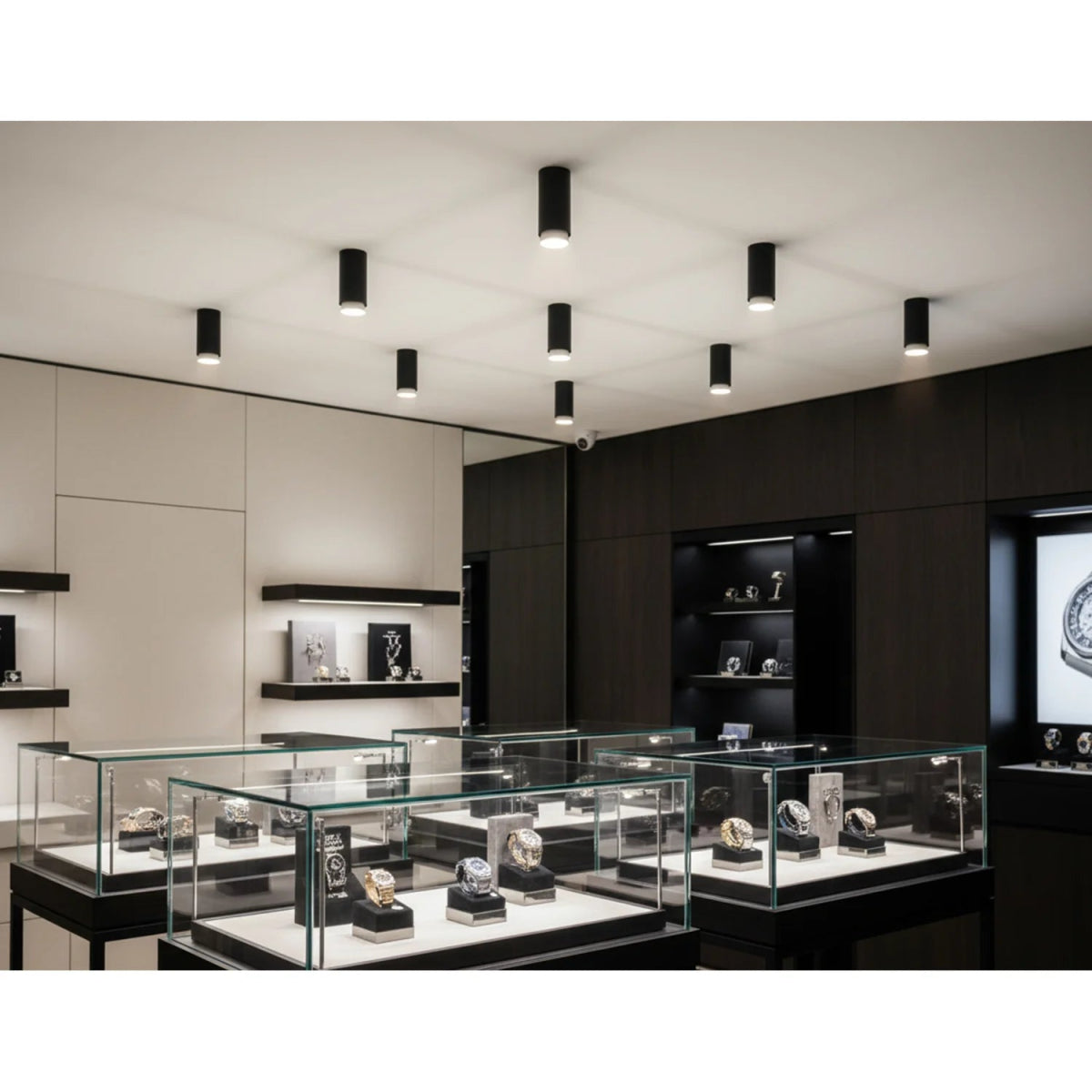 Display case with watches in a high-end store setting