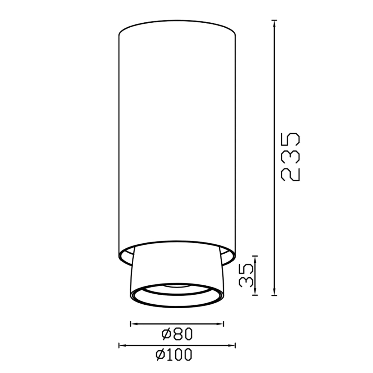 Technical drawing of a cylindrical light fixture with dimensions