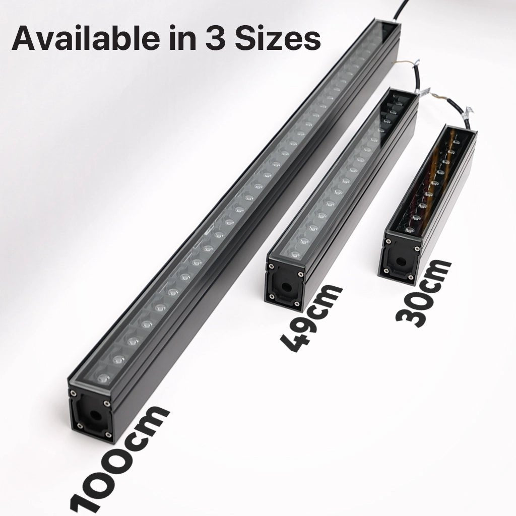 Three LED light bars of different lengths on a white background with size measurements.
