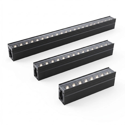 Three black LED light strips on a white background