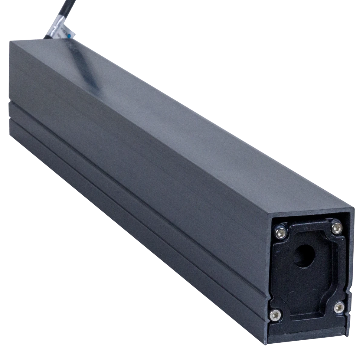 Black rectangular metal box with a cylindrical component on a white background