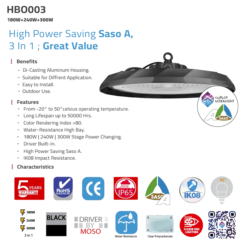 he UFO LED High Bay with selectable power 180W / 240W / 300W With Lumen Up to 40,500.