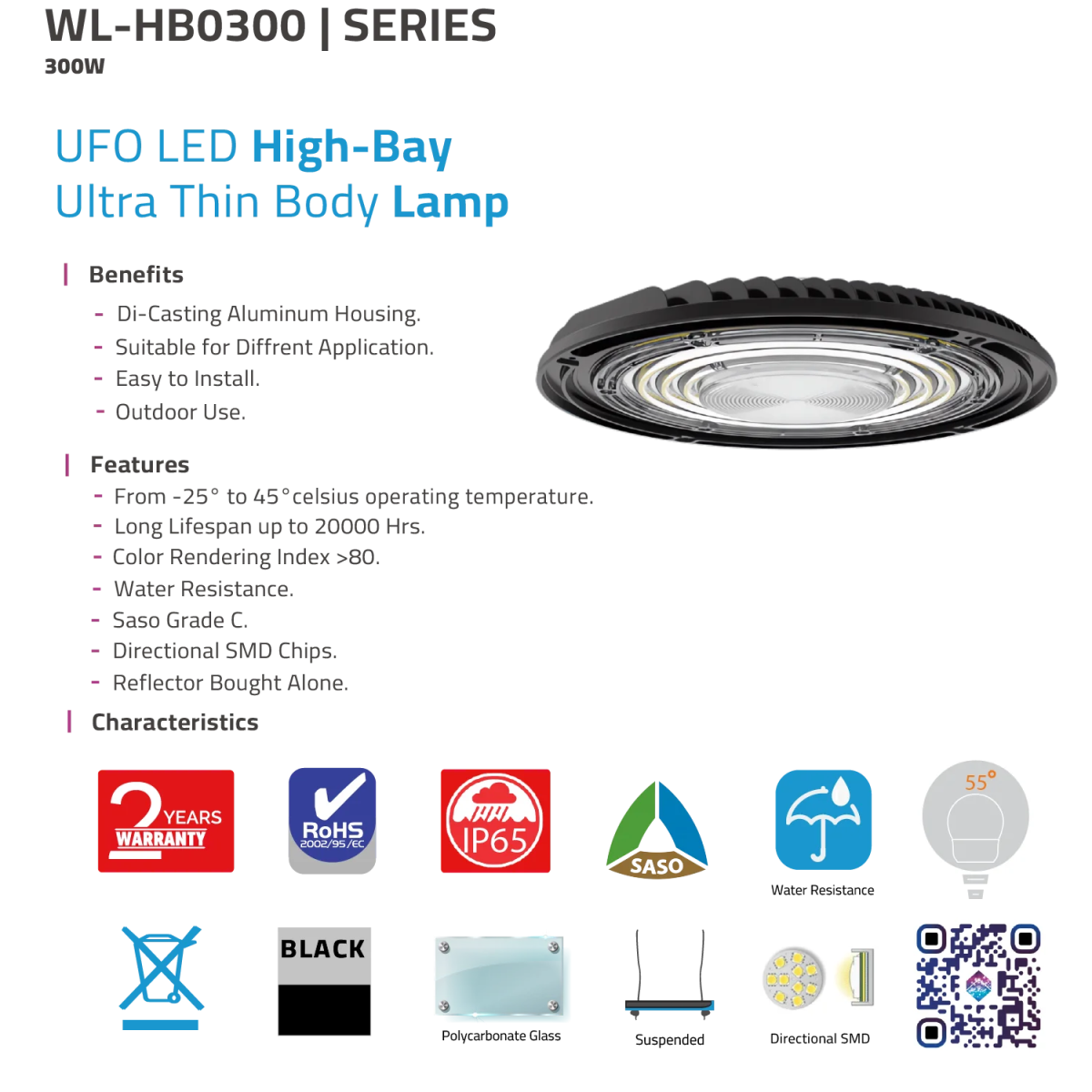 UFO LED High Bay Light 300W (WL-HB0300) - High Lumens - IP65 Waterproof - Ultralight