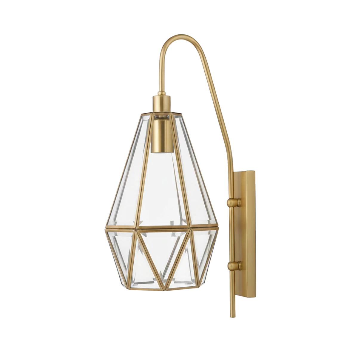 Gold wall-mounted light fixture with geometric glass shade on a white background