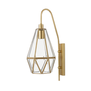 Gold wall-mounted light fixture with geometric glass shade on a white background