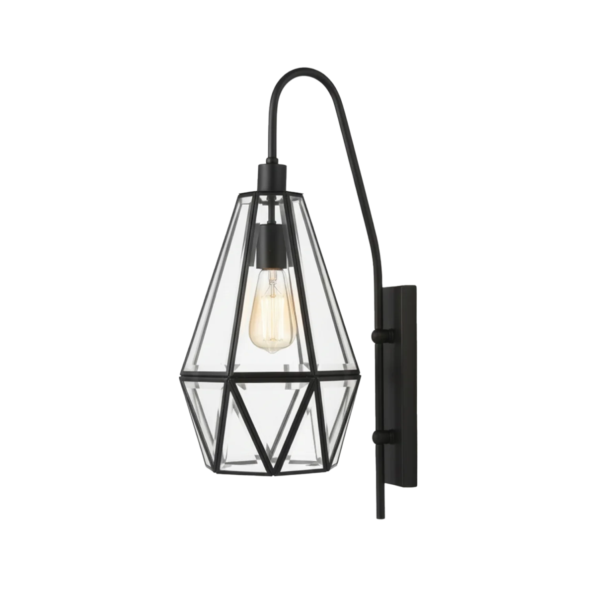 Modern wall-mounted light fixture with geometric glass shade on a white background