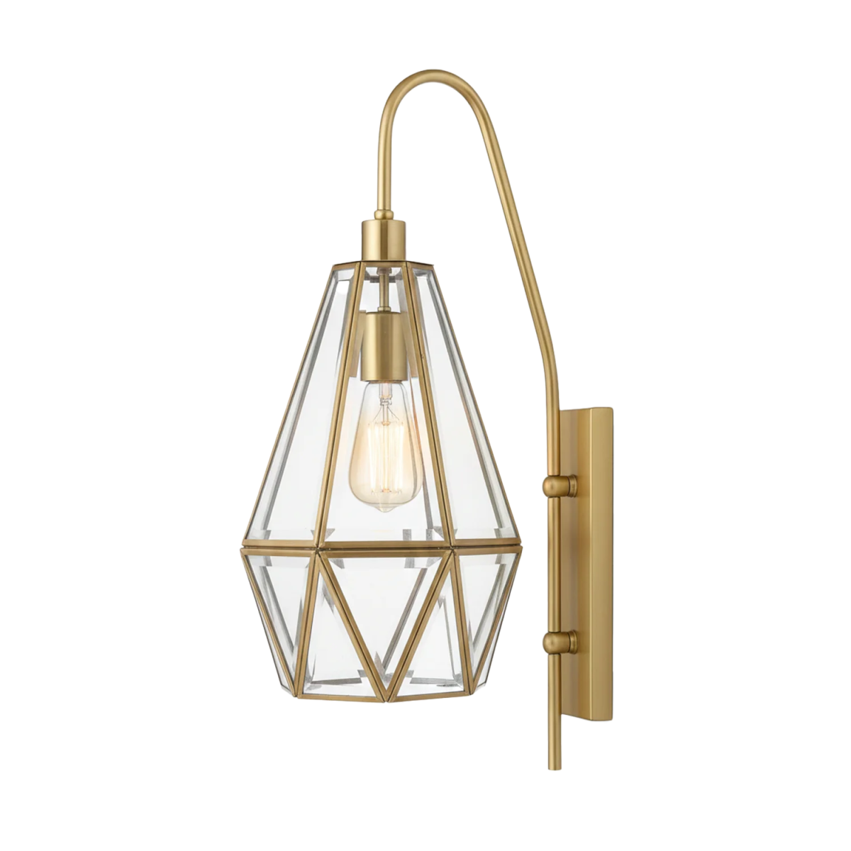 Gold wall sconce with geometric glass shade on a white background