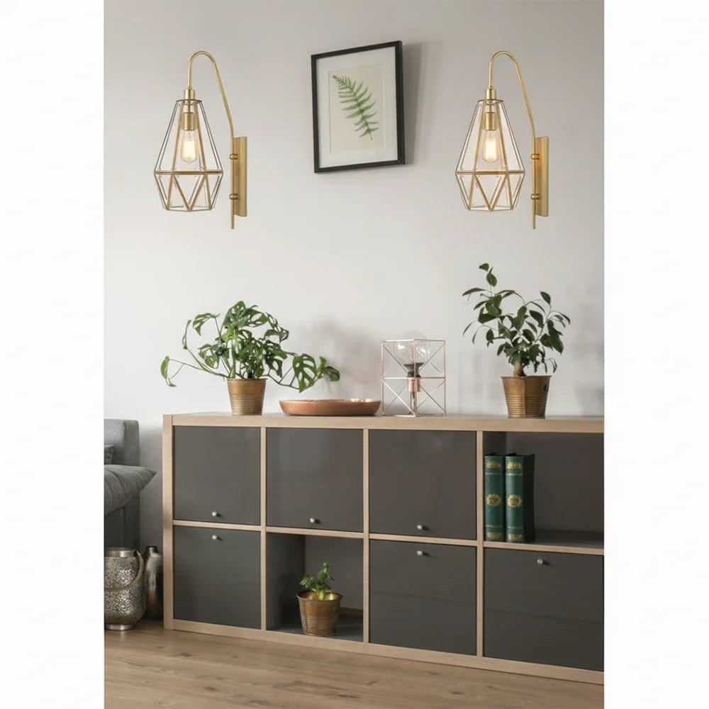 Modern interior design with a gray storage unit, plants, and wall lights.