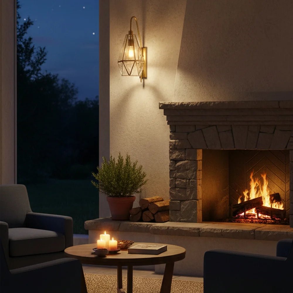 Cozy outdoor evening by a fireplace with candles and a chair.
