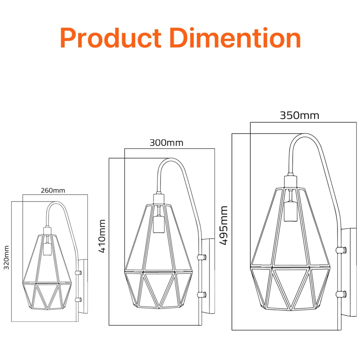 Dimensions of a geometric wall light fixture with measurements in millimeters.