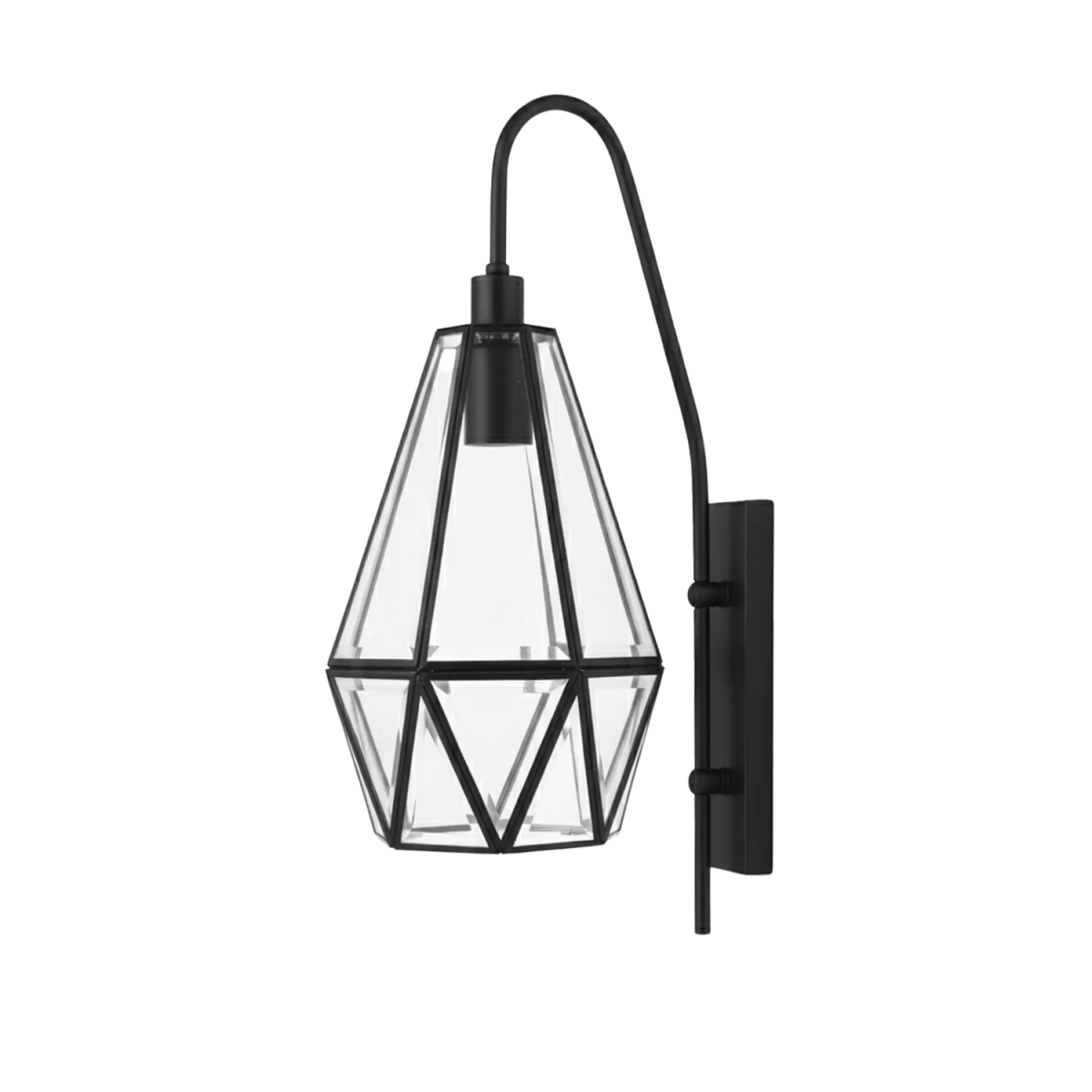 Black wall-mounted outdoor light fixture with geometric glass shade on a white background