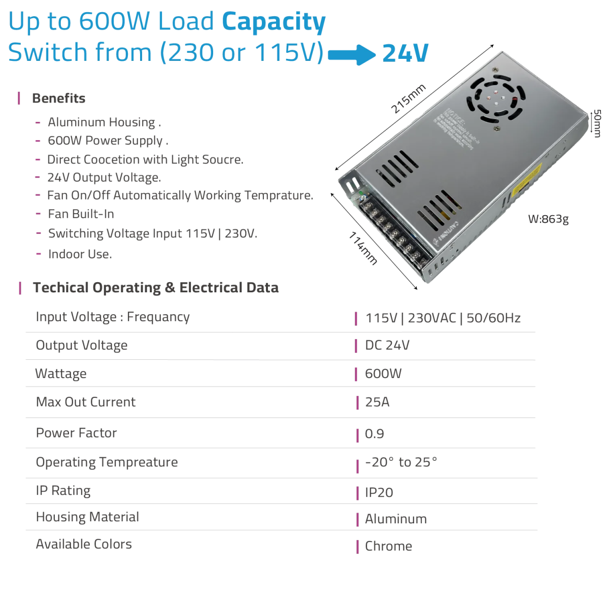 مزود طاقة بقوة 600 واط 24V من الترالايت (P600W24V)