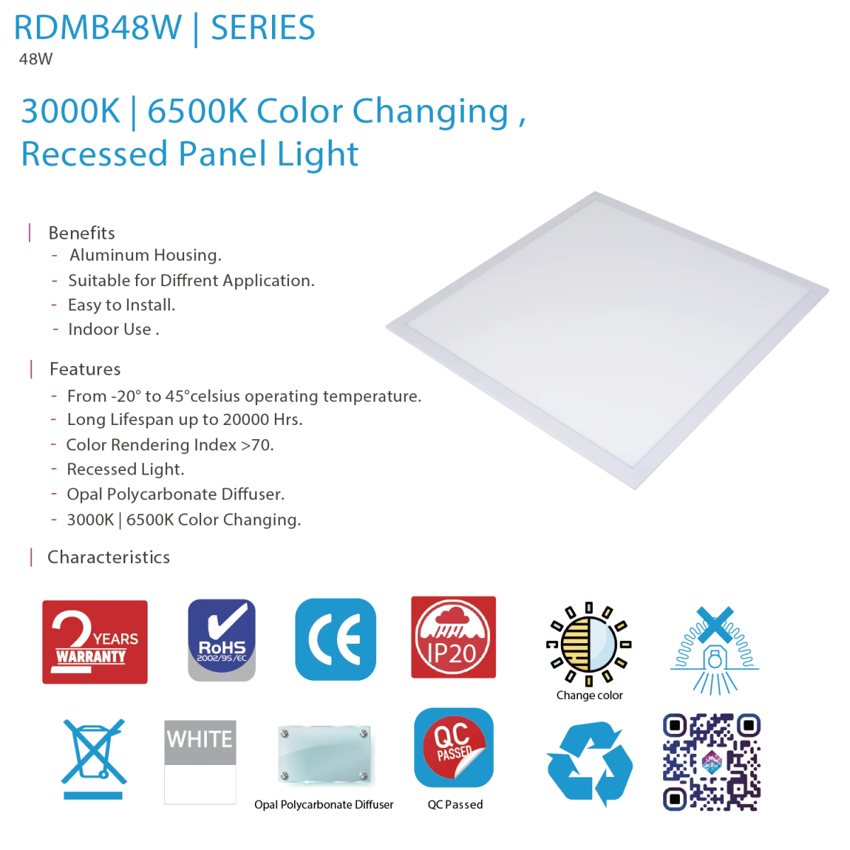 Ultra Light 60×60 Panel Light (RDMB48W) – 48W & Dual Color (3000K+6500K)