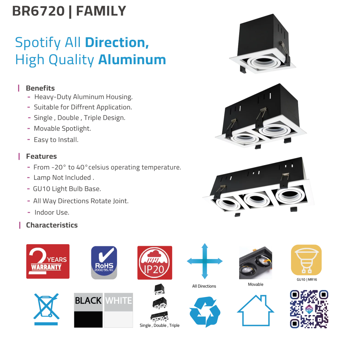 Ultra Light Adjustable Spot Light Frame - GU10 (BR6720)