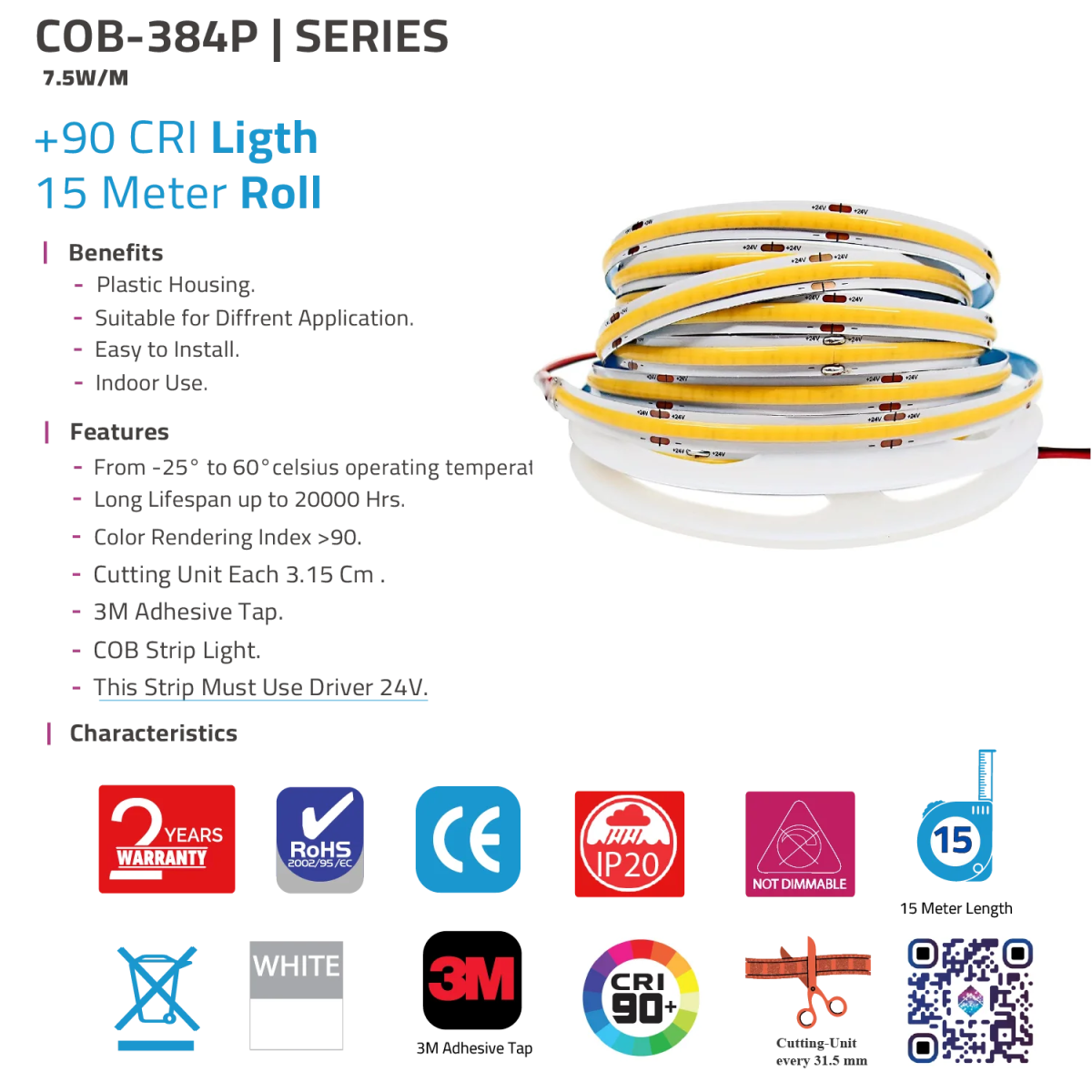 Ultra Light COB LED Strip Light - 15m - High CRI >90 (COB-384P)