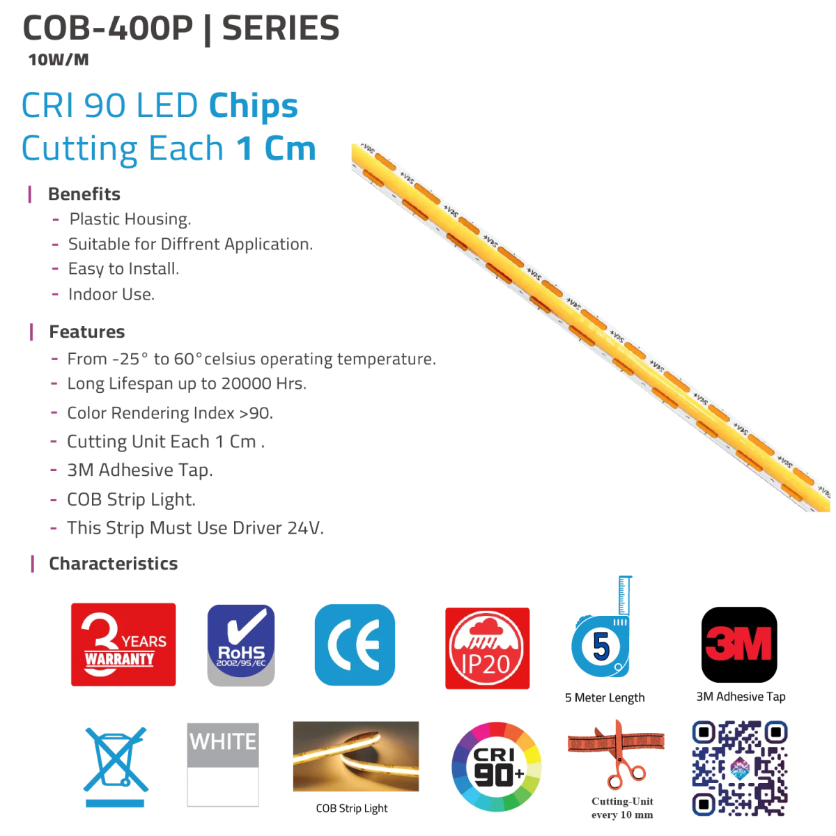شريط إنارة مخفية COB بقوة 10 واط لكل متر - اللفة 5 متر (COB-400P)