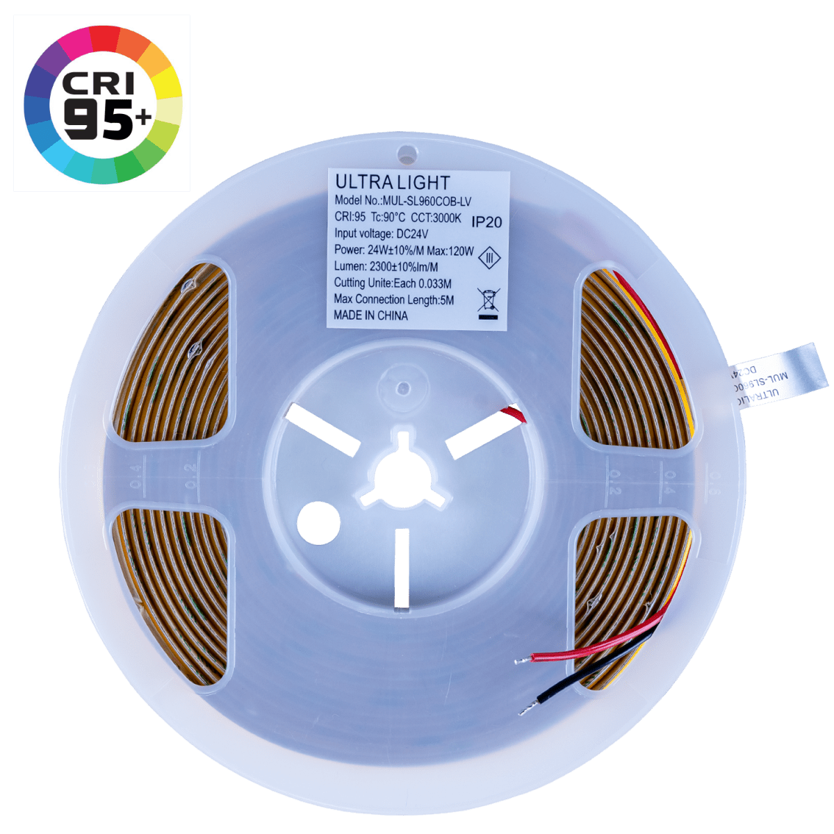 Spool of LED strip light with CRI 95+ logo on a green background