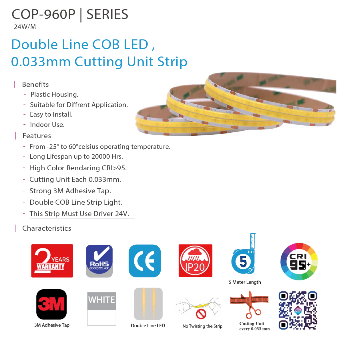 Ultra Light Double Line COB LED Strip Light 24W/m – 5M, High CRI >95 (COB-960p)