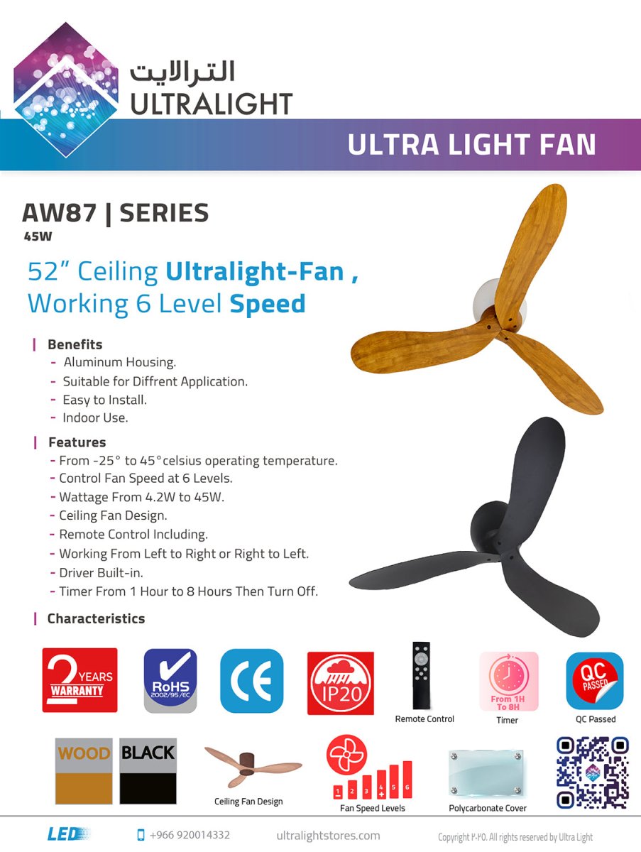 Advertisement for Ultra Light Fan with features and specifications on a white background