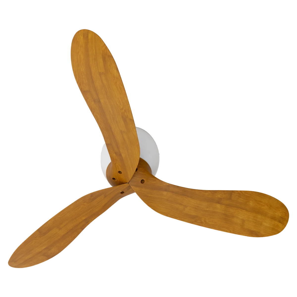 Wooden ceiling fan with three blades on a white background