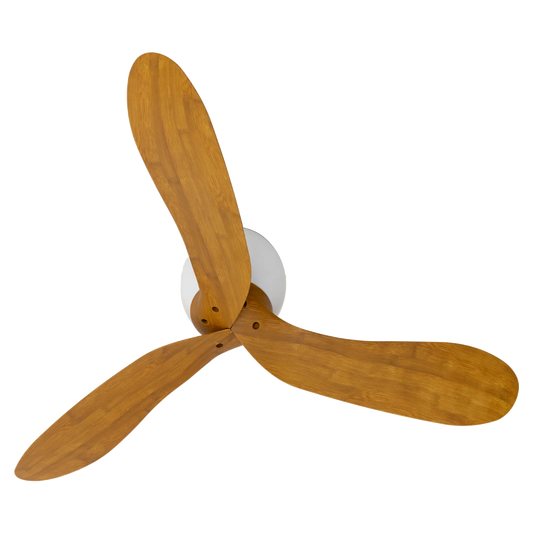Wooden ceiling fan with three blades on a white background