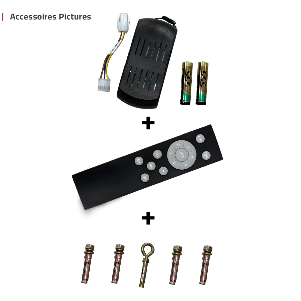 Collection of electronic accessories including a remote control, batteries, and connectors on a white background.