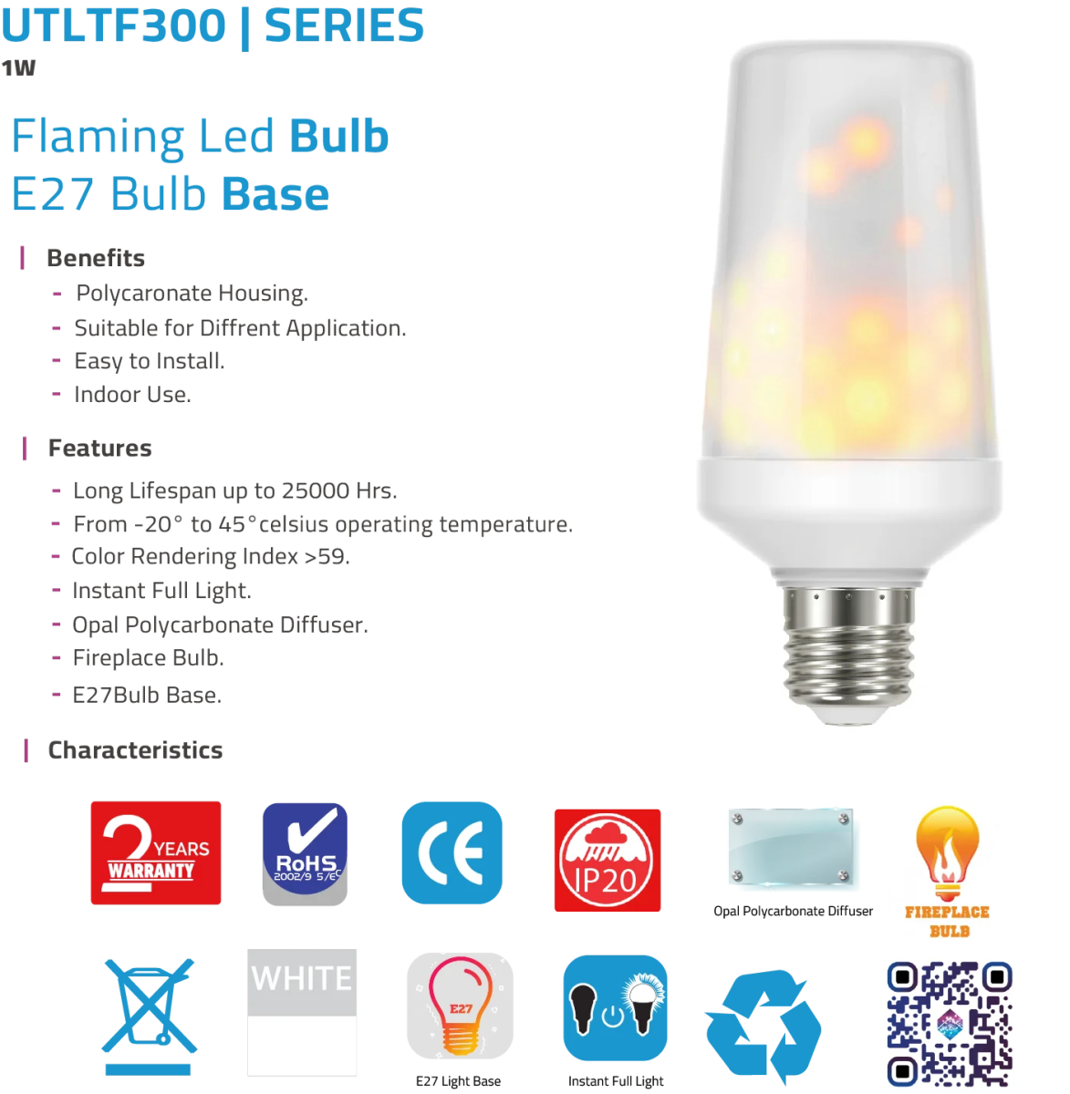 Ultra Light Flaming LED Bulb E27 1W (UTLTF300) – Decorative Fireplace Light