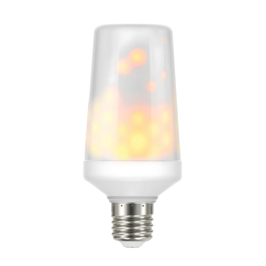 Flame-shaped LED light bulb on a white background