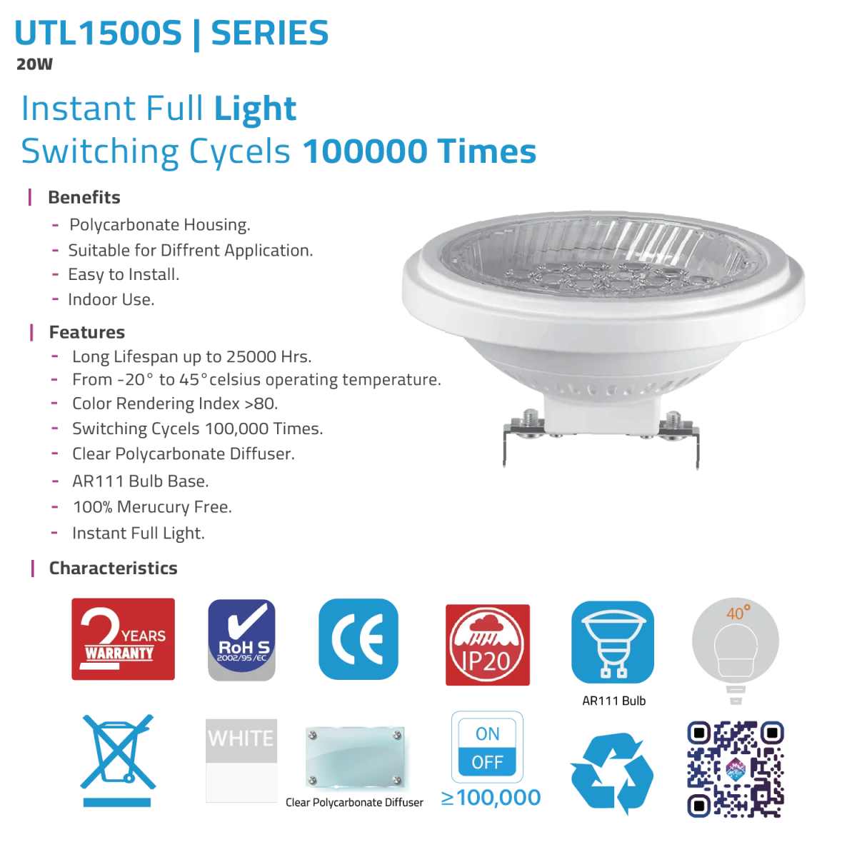 Ultra Light Indoor LED AR111 Bulb 20W 12V (UTL1500S)