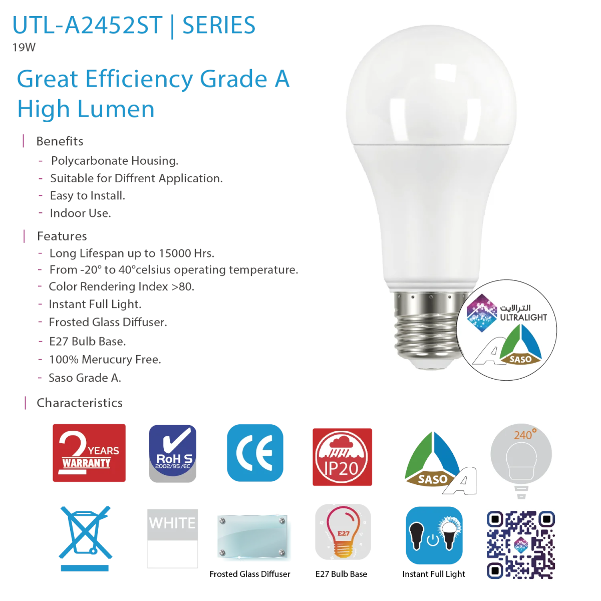 Ultra Light LED Bulb E27  – 19W High-Lumen & SASO Grade A (UTL-A2452ST)