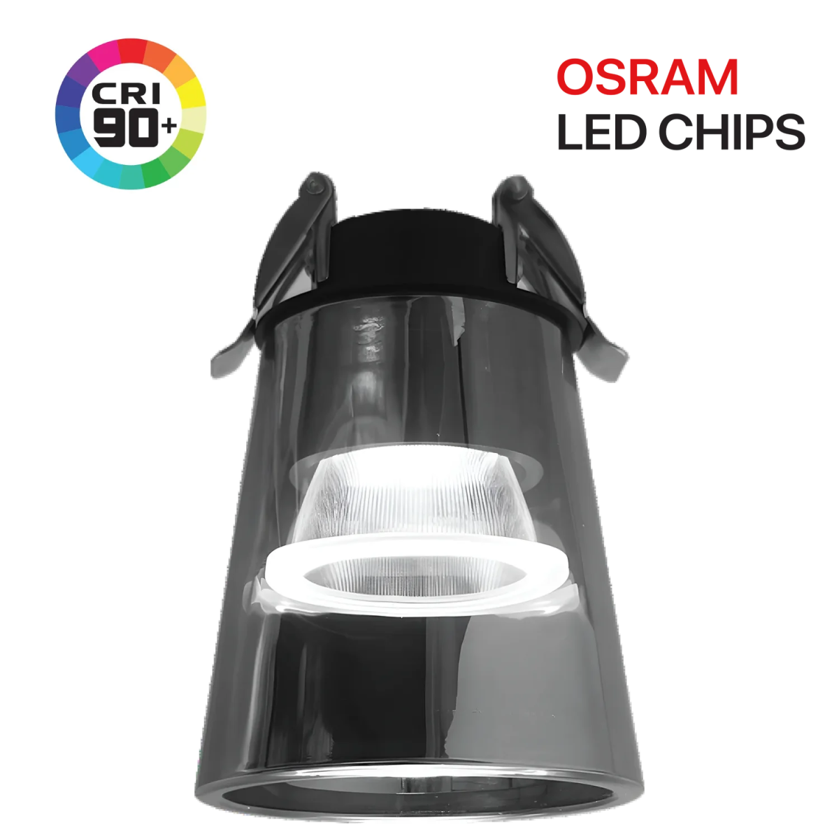 LED light fixture with OSRAM branding and CRI 90+ logo on a white background