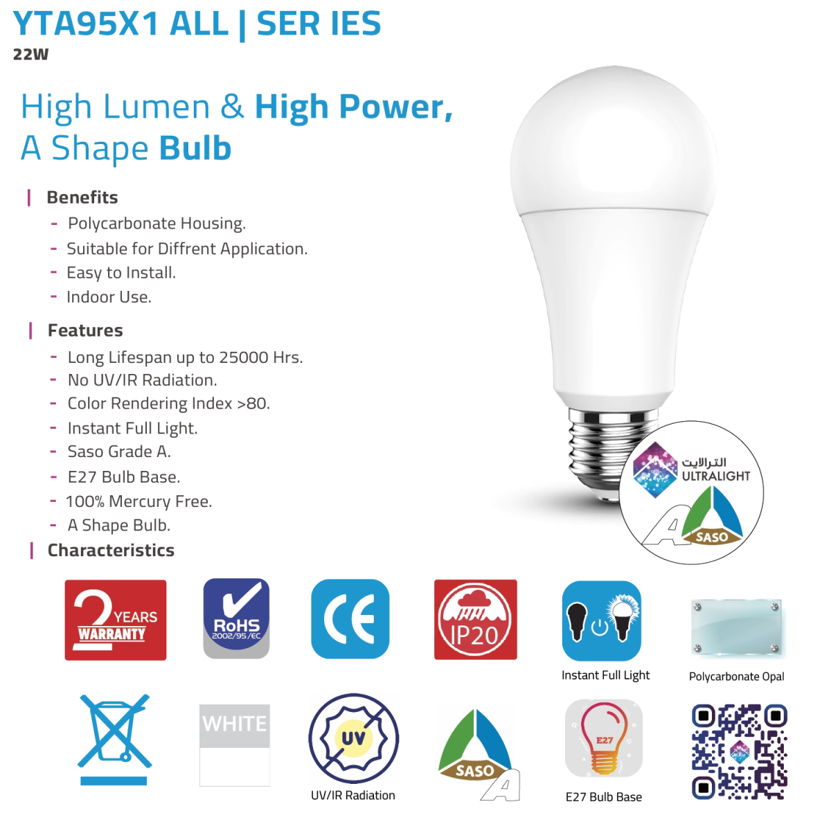 LED Light Bulb 22W E27 Base – High Lumen & High Power (YTA95X1)