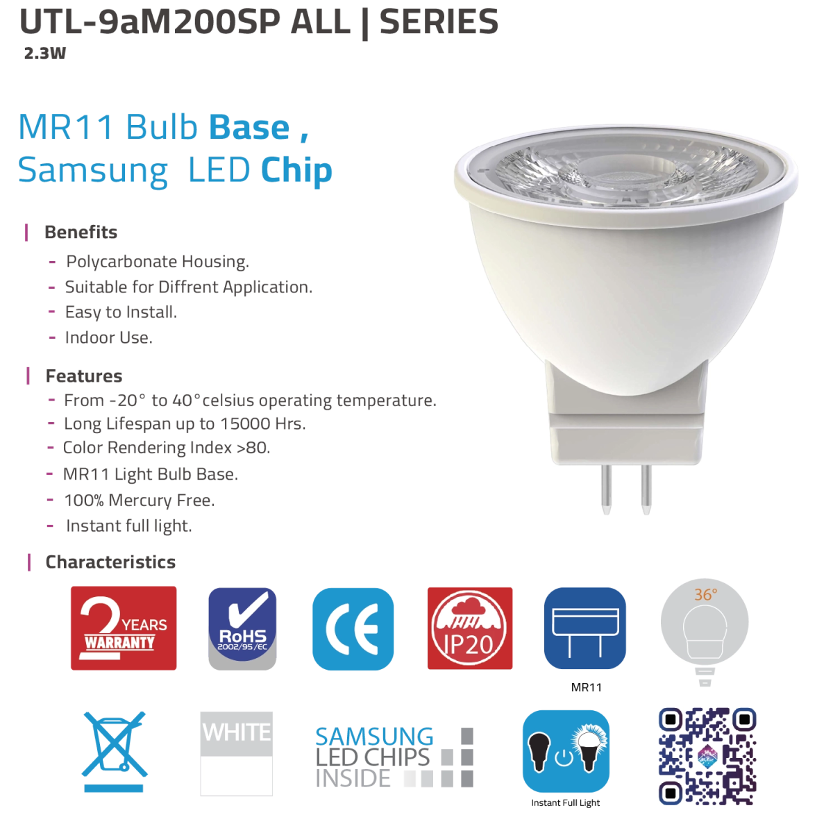 Ultra Light LED MR11 Bulb 2.3W - Compact Efficiency and Samsung LED Chip (UTL-9aM200SP)