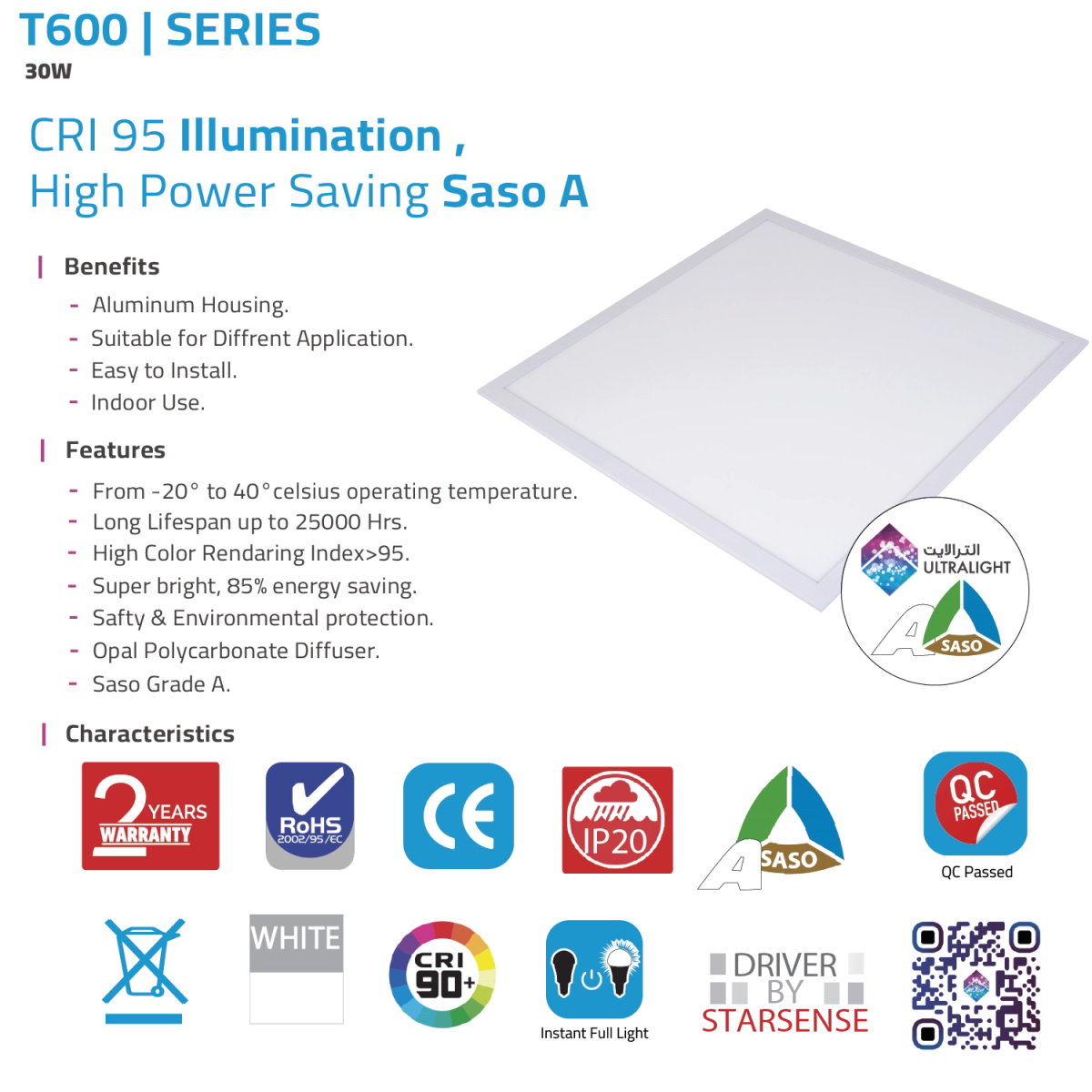 Ultra Light LED Panel Light 30W - CRI 95 High-Efficiency Lighting with Energy Saving (T600)