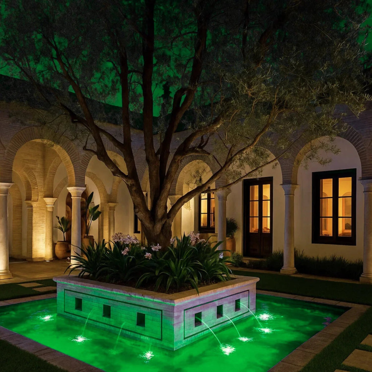 Decorative courtyard with fountain and tree at night.