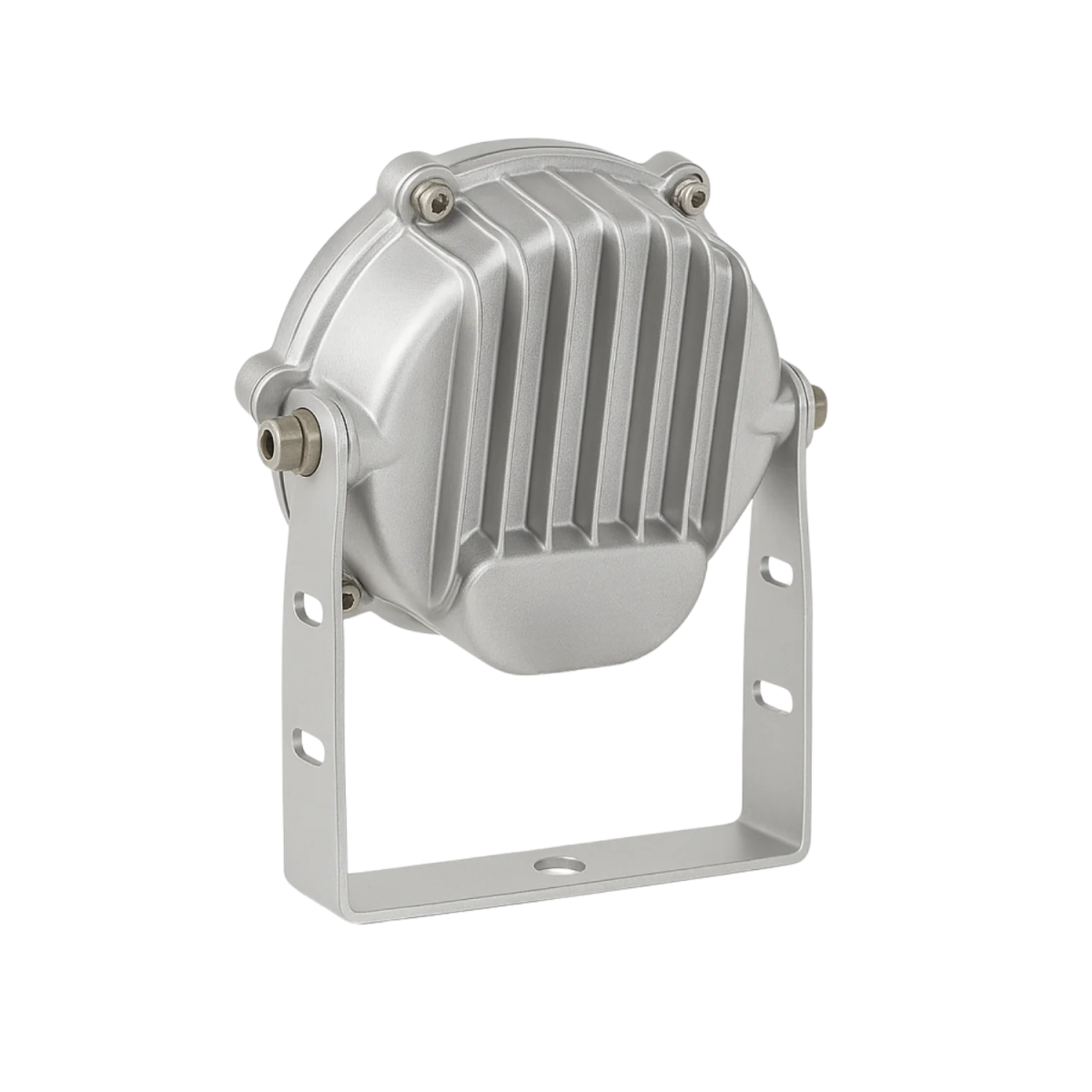 Metallic silver industrial component on a white background