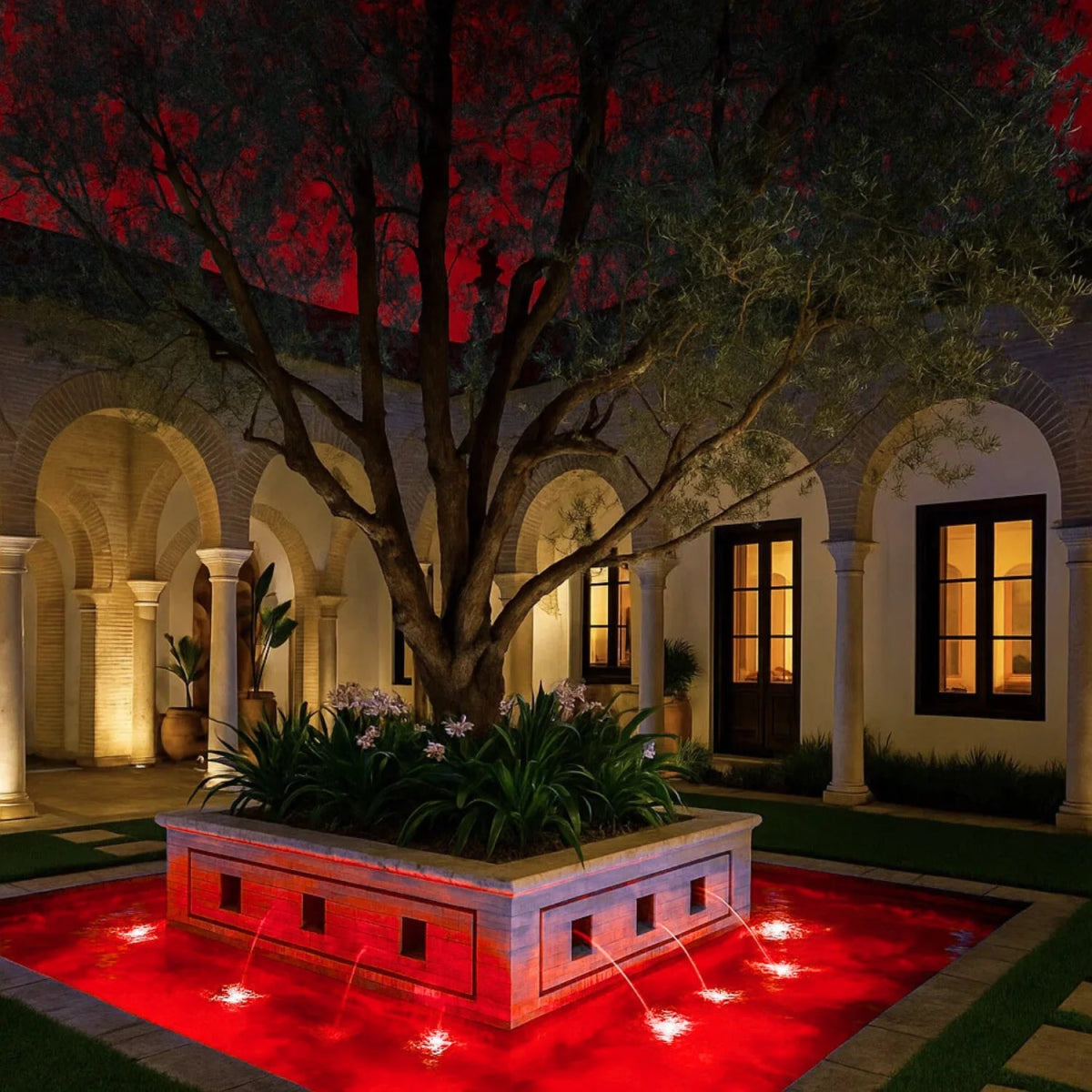 Decorative courtyard with a tree and red lighting
