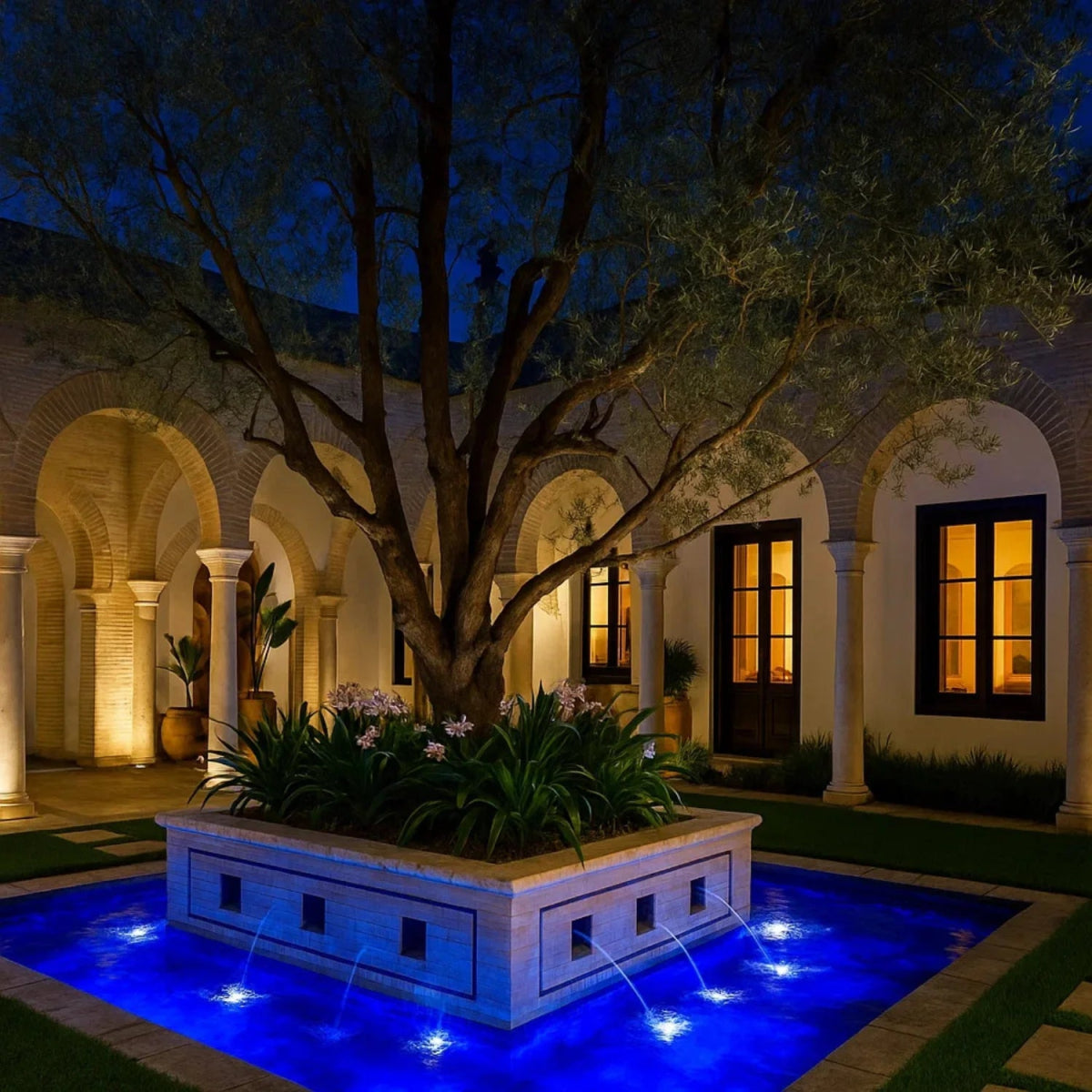 Decorative courtyard with tree, pool, and archways at night.