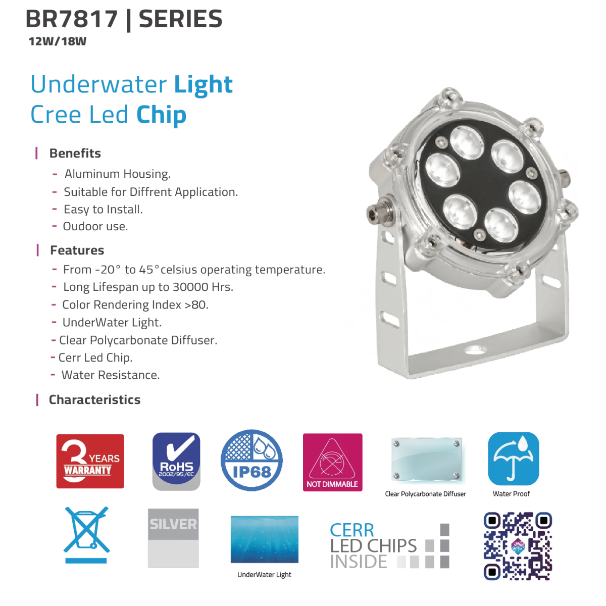 Underwater light with LED chip details and certification logos.