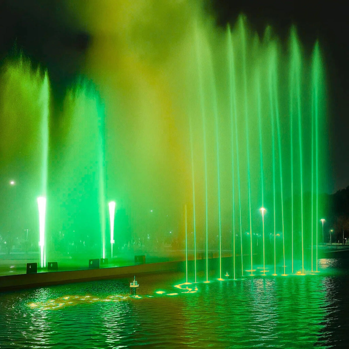 Fountain show with green lights at night