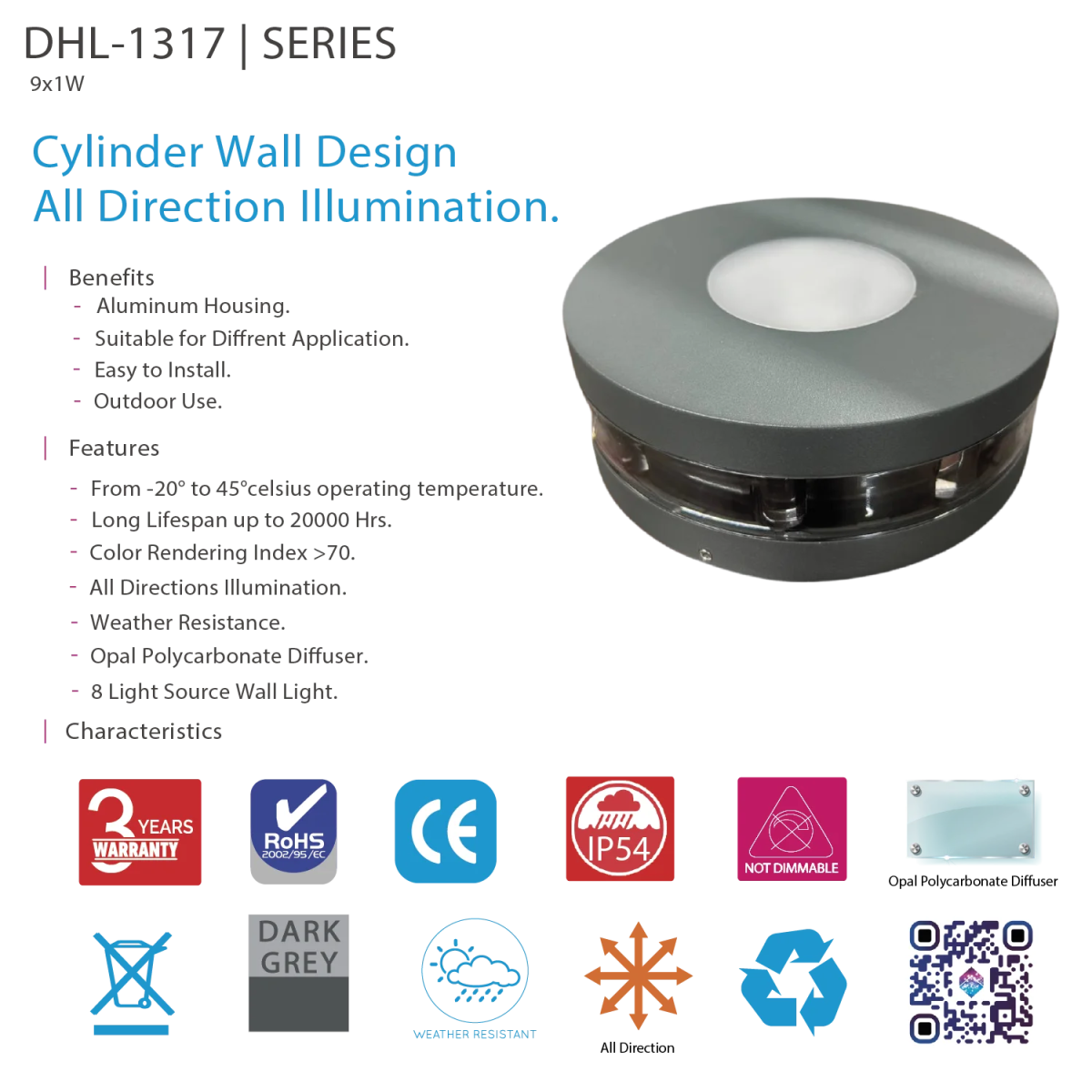 إضاءة جدارية خارجية ليد من الترا لايت | إضاءة أسطوانية لجميع الاتجاهات (DHL-1317)