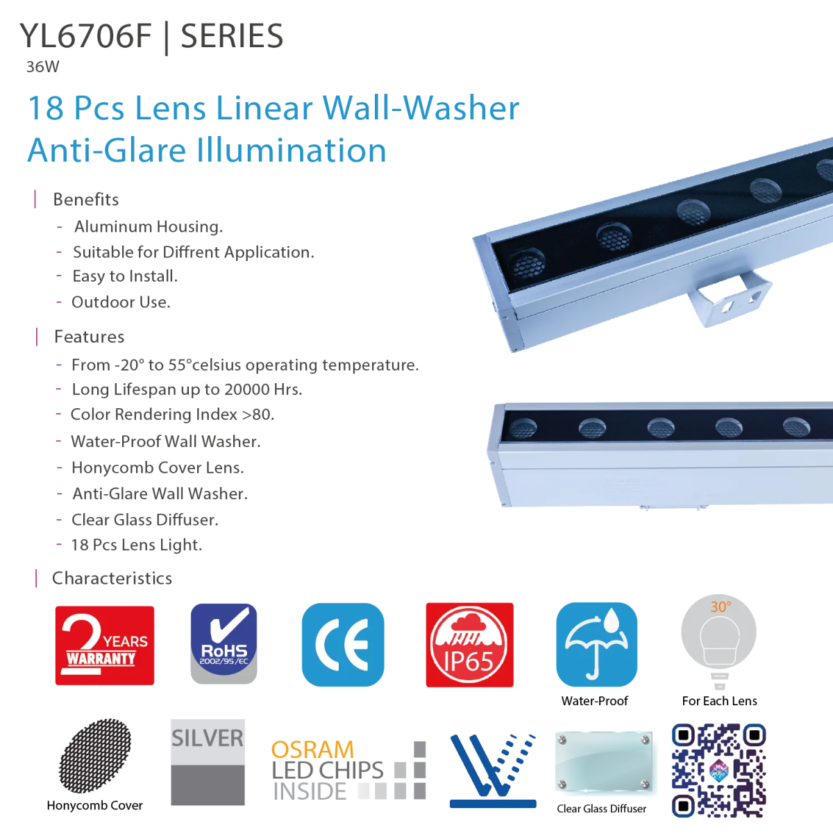 كشاف الترالايت جداري خارجي (YL6706F) – إضاءة حائط ضد الماء 36 واط بعدسات OSRAM