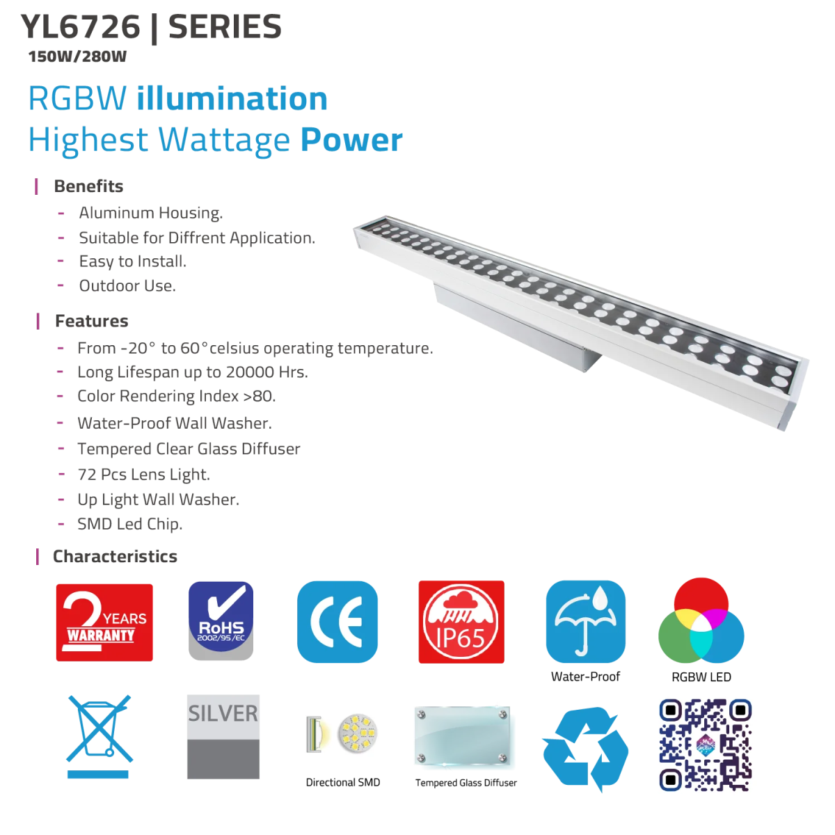 كشاف حائط ليد قوي 150 واط الترالايت للإضاءة الخارجية – مقاوم للماء IP65 (YL6726)