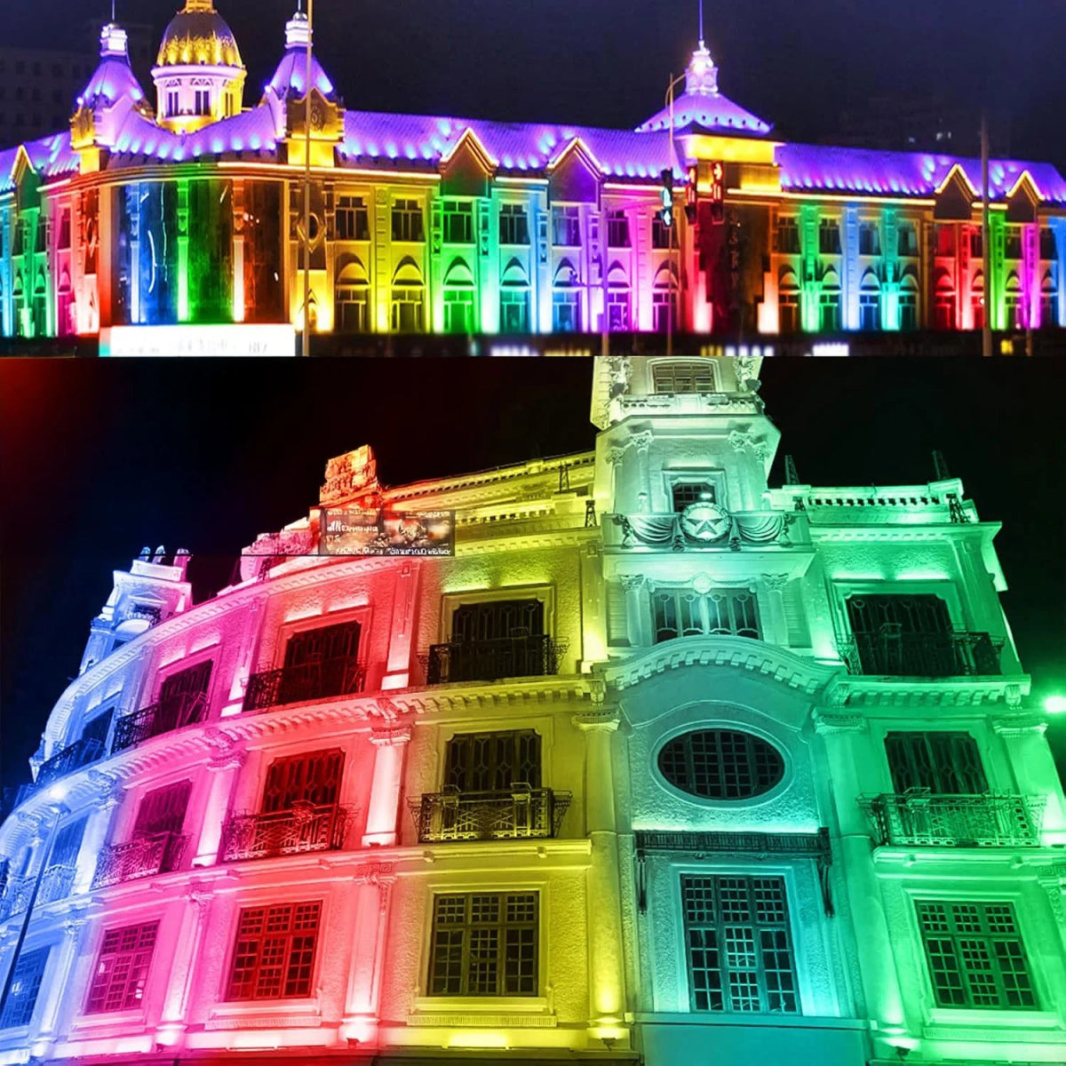 Colorful building facade illuminated with rainbow lights against a dark sky.