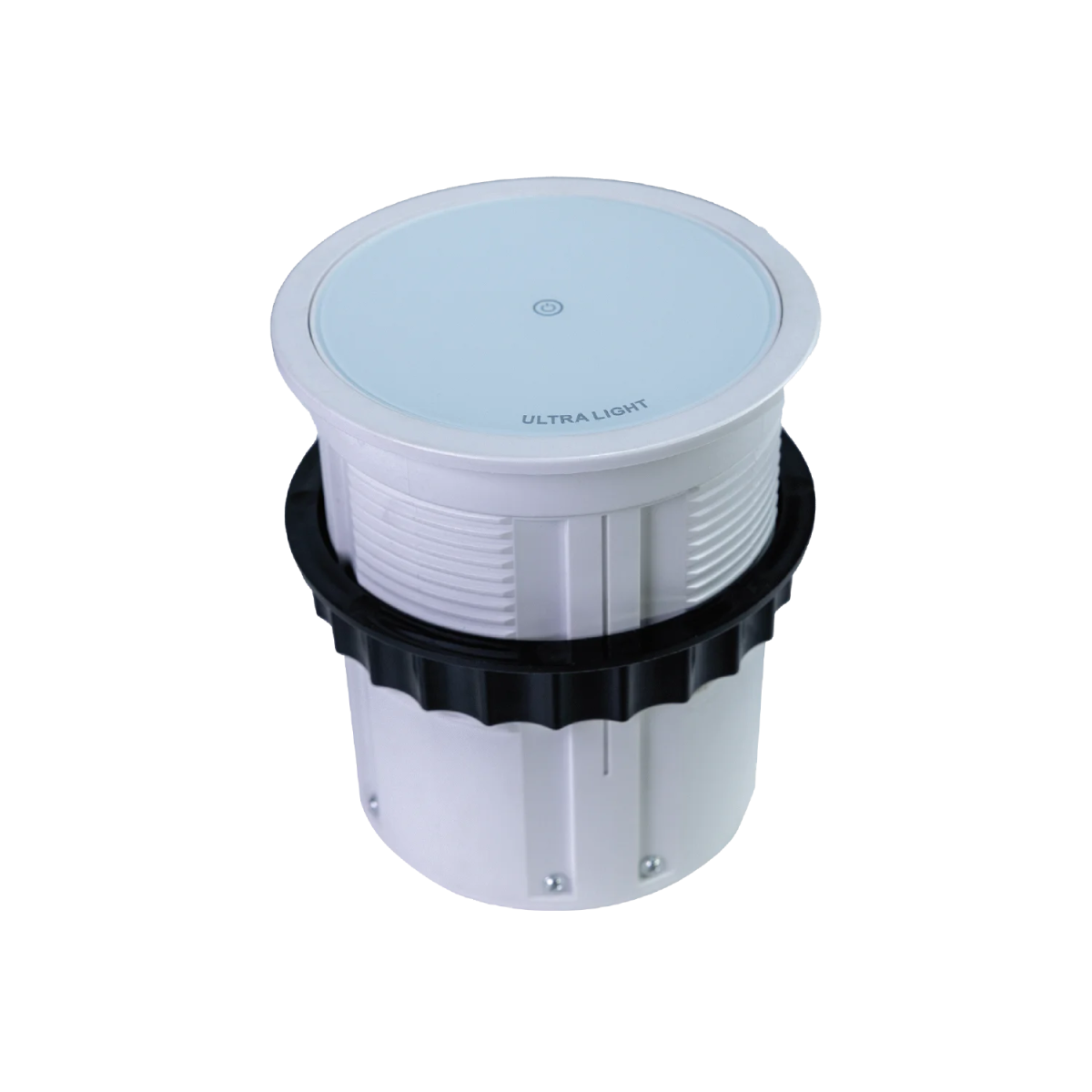 White and black cylindrical container with a lid on a white background